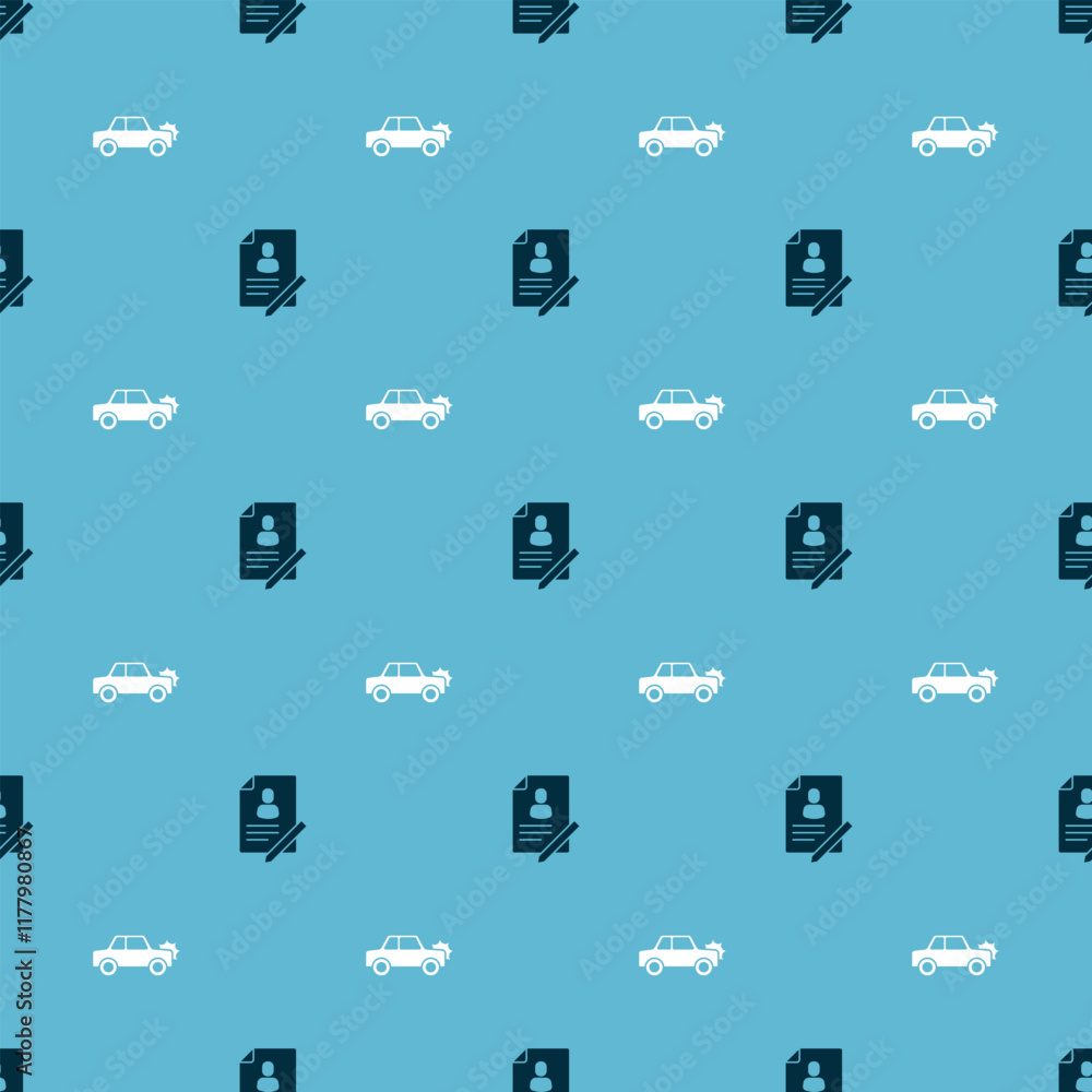 Poster set document with shield and car on seamless pattern. vector