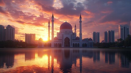 Fototapeta premium Mosque reflecting in lake at sunset with city skyline.