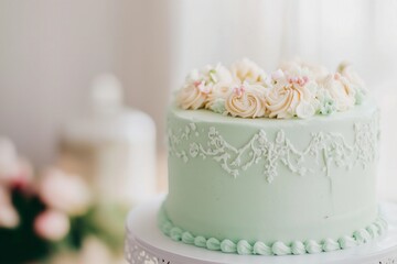 vintage-style single-tiered cake in mint green with elegant piped designs, ribbon accents, and a classic, timeless charm