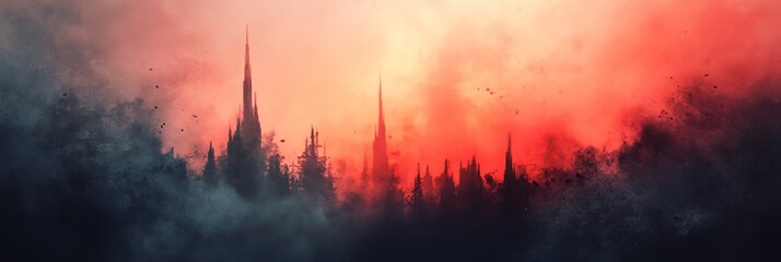 a painting of a red sky with a tree line in the foreground