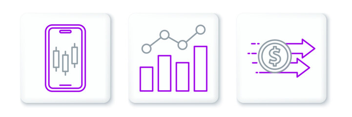 Set line Financial growth dollar, Mobile stock trading and icon. Vector