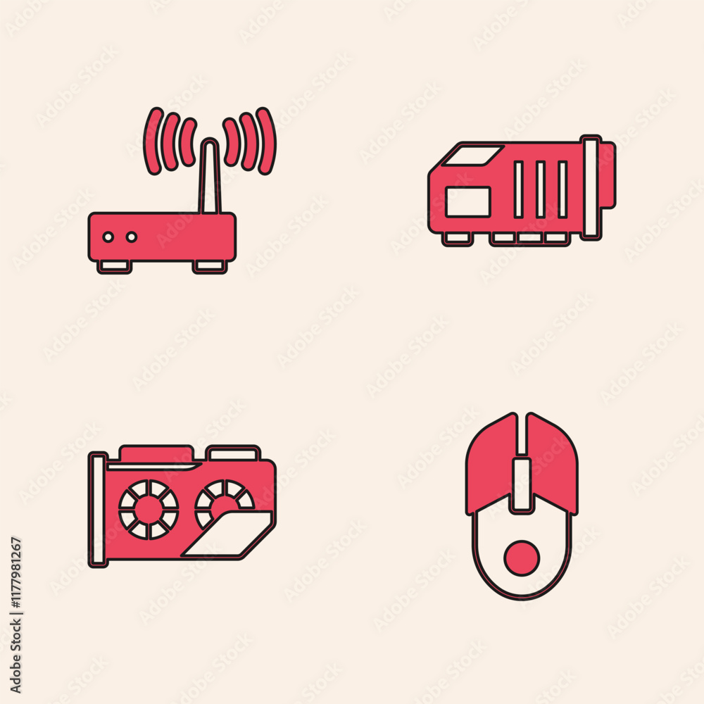 Aufkleber set computer mouse, router and wi-fi signal, video graphic card and icon. vector