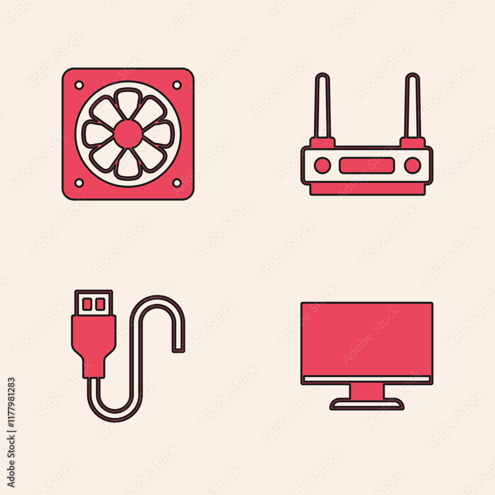 Poster set computer monitor screen, cooler, router and wi-fi signal and usb cable cord icon. vector