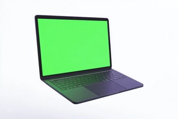 Hovering laptop with green screen and new design  isolated on a white background.