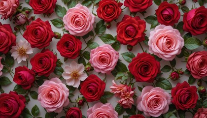 Naklejka premium Top view of natural, fresh red rose flowers arranged in a seamless pattern, creating a stunning rose flower wall background, perfect for romantic or floral-themed designs