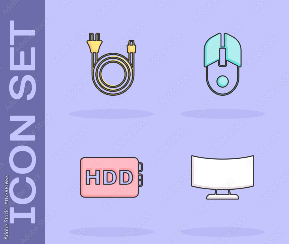 Poster set computer monitor screen, electric plug, hard disk drive hdd and mouse icon. vector