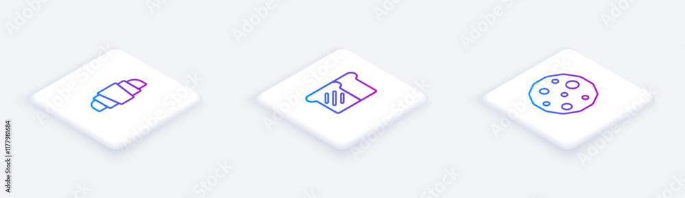 Poster set isometric line croissant, bread toast and cookie or biscuit. white square button. vector