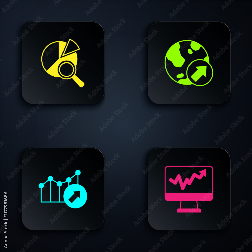 Poster set monitor with graph chart, search data analysis, financial growth and . black square button. vect