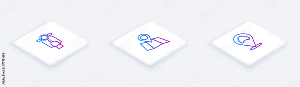 Poster set isometric line scooter, folded map with location and location taxi. white square button. vector