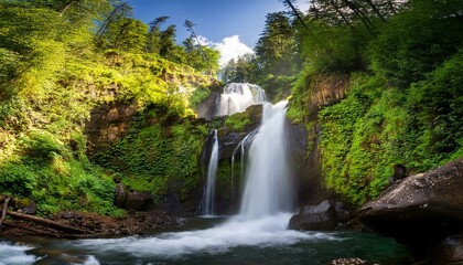 majestic waterfall cascading down rocky cliffs lush green forest vibrant daylight1.jpg