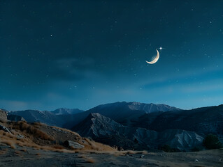 Obraz premium A beautiful night sky with a shooting star and a crescent moon.