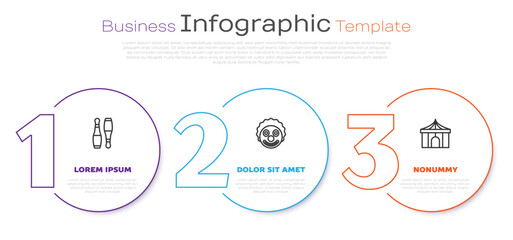 Set line Bowling pin, Clown head and Circus tent. Business infographic template. Vector