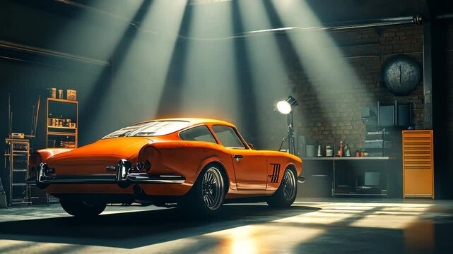 Spotlight highlights classic orange car in workshop during evening hours, Car in workshop with spotlight illuminating area