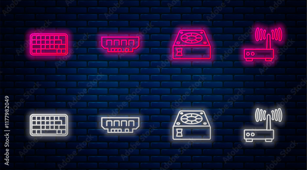 Poster set line ram, random access memory, computer cooler, keyboard and router wi-fi signal. glowing neon 