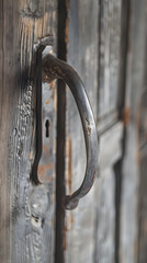 Rustic Metallic Handle on Aged Wooden Door &ndash; A Close-Up View of Time-Worn Elegance and History