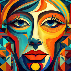 Portrait of a young woman with blue eyes, colorful, vibrant cubist work, abstract face illustration in bright colors, version 2