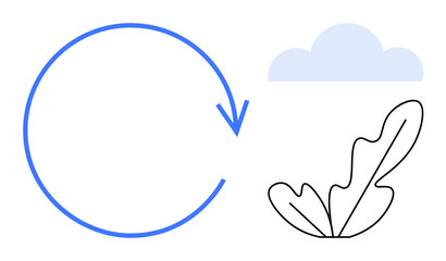 Circular blue arrow pointing clockwise, light blue cloud, and outlined leaf. Ideal for sustainability, growth, nature, recycling, balance eco-friendly concepts environmental action. Abstract line
