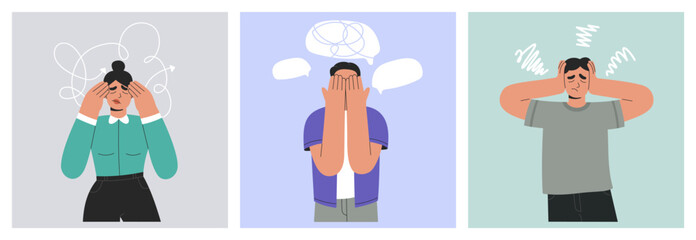Frustrated, sad people set. Confused thoughts, mental psychological disorders concept. Depressed teenagers suffering from chaos in brain anxiety and headache. Vector illustrations isolated background