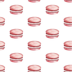 Watercolor seamless pattern of light delicate  pink watercolor macaroons isolated on white background.