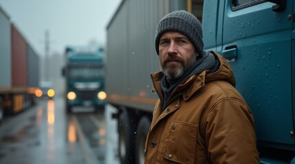 A close-up shot of a man dressed warmly in a jacket, standing confidently near a truck, ready for work or adventure. The image conveys a sense of preparedness and resilience in cold weather.