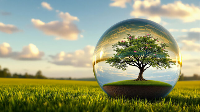 Une sph&egrave;re magique renferme un monde : un arbre de vie solide et vibrant se dresse dans un paysage &eacute;clatant.