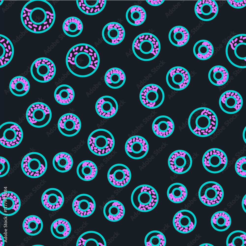 Poster line donut with sweet glaze icon isolated seamless pattern on black background. vector