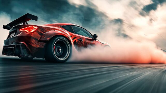 Intense drifting action with dynamic sport car burning tires on racetrack, Dynamic sport car drifting, intense tire burn on race circuit