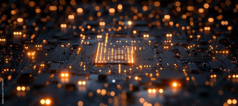 Poster abstract background with glowing computer chip and intricate circuitry, technology concept.