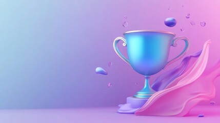 Trophy championship prize. Winner award banner with shiny golden cup and falling confetti, sport or business award.