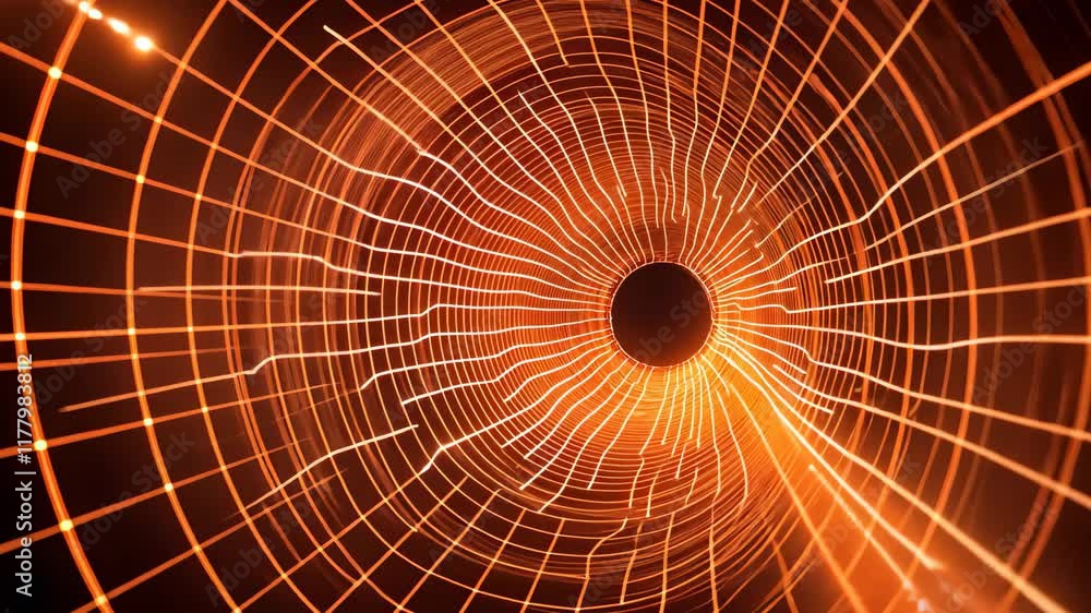 Poster vibrant orange wormhole tunnel with flashing grid pattern creating a surreal depth illusion, 3d worm