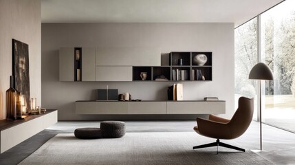 Modern living room with minimalist wall unit, armchair, and floor lamp.