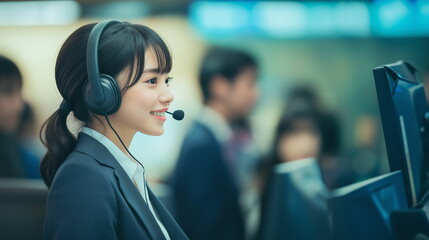 コールセンターに勤務している仕事中の女性の画像
