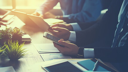 ビジネスシーンでプロジェクトチームがミーティングやディスカッションを行っている画像