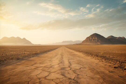 A cinematic desert road at dawn  tire tracks leading into adventure amidst mountains and dust clouds