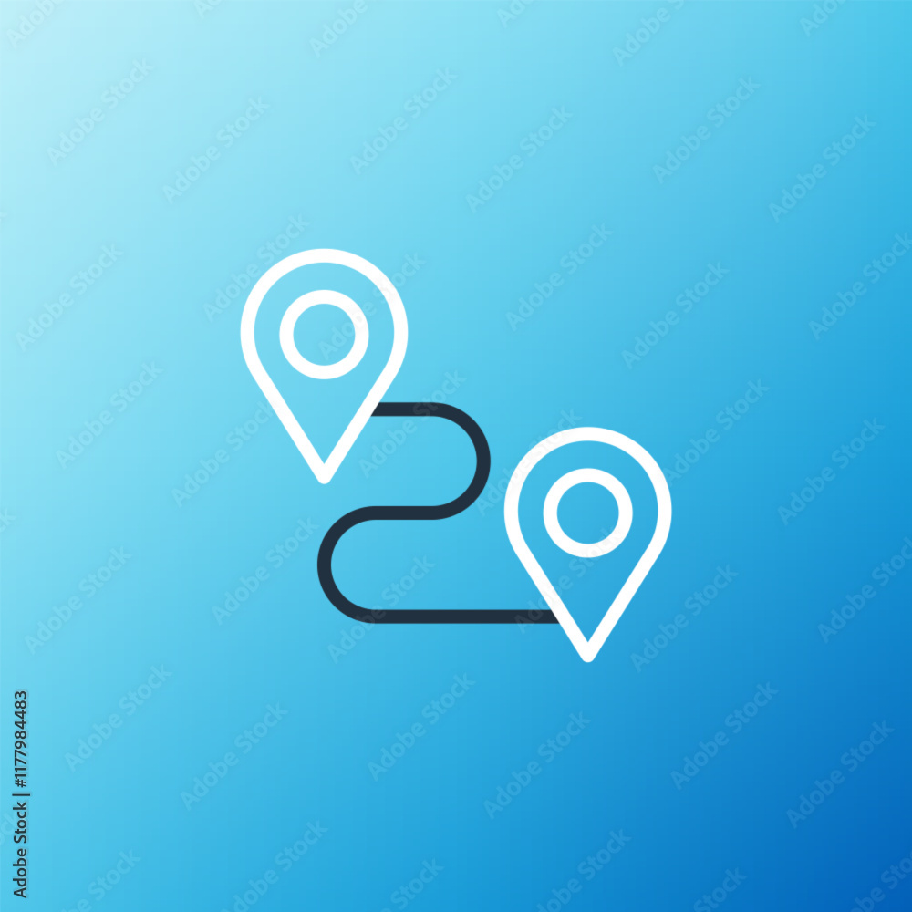Poster line route location icon isolated on blue background. map pointer sign. concept of path or road. gps