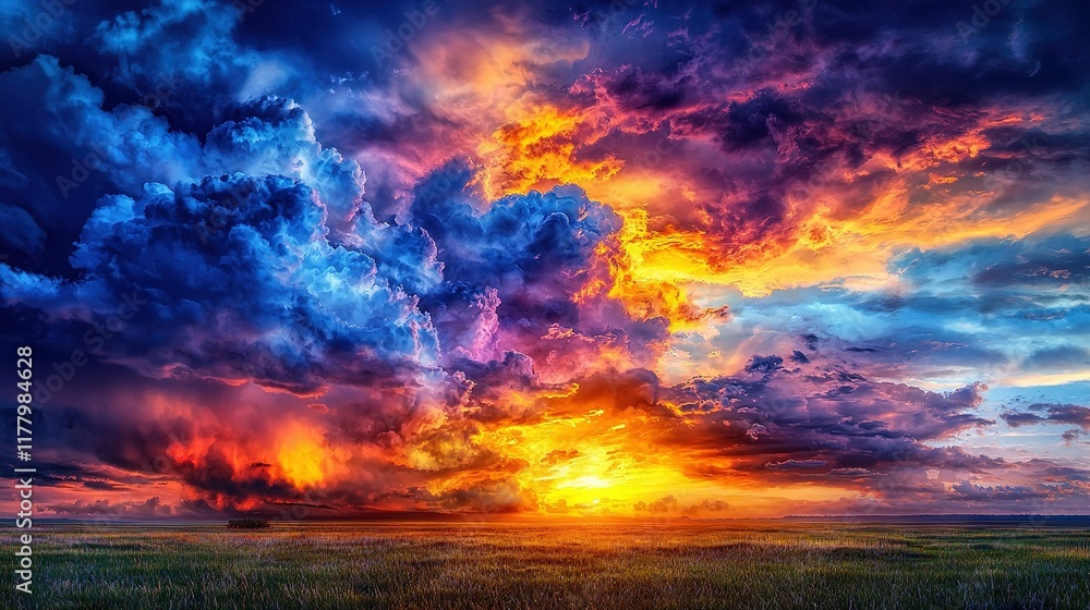 Poster sunset in a field with horse in foreground and clouds in background