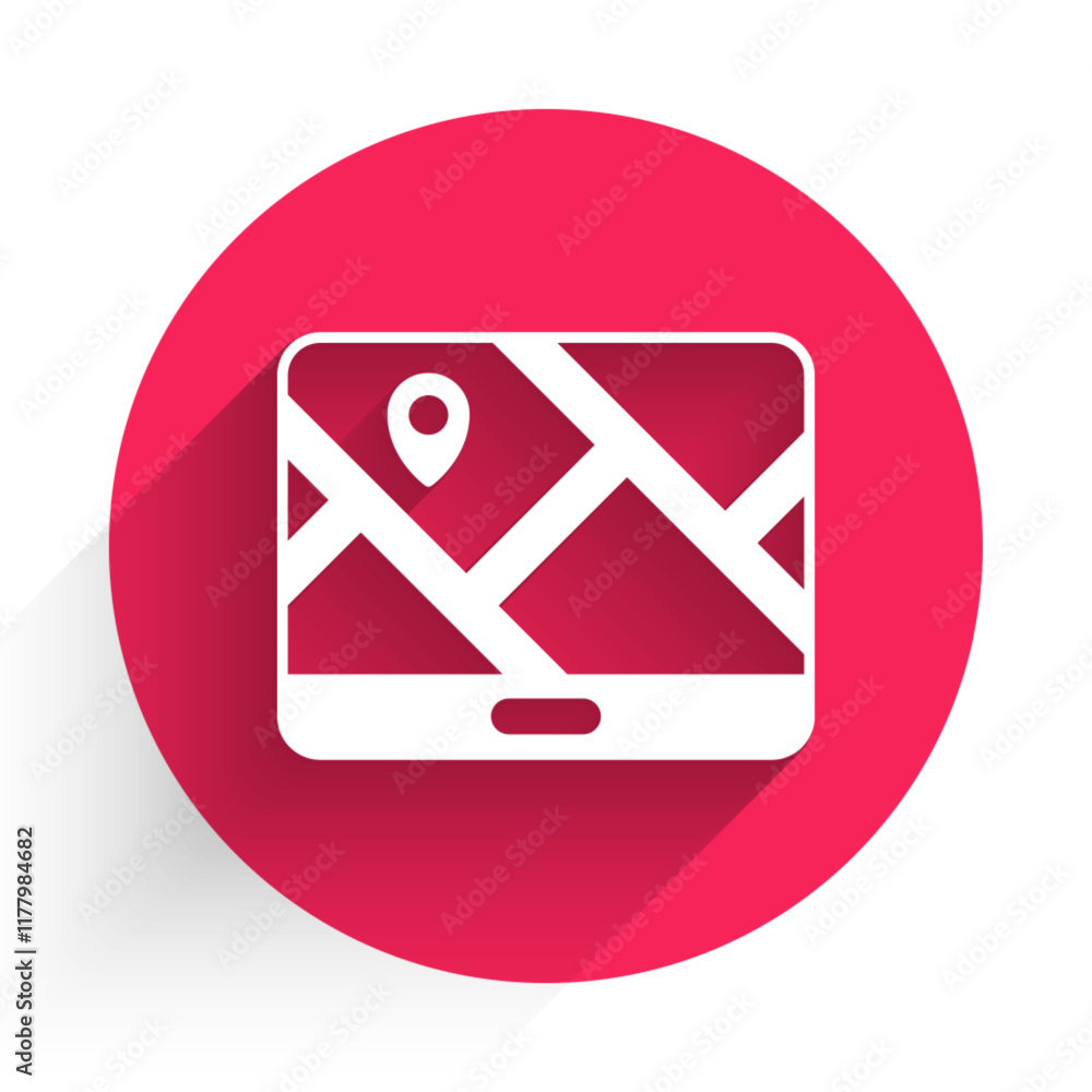 Poster white infographic of city map navigation icon isolated with long shadow. mobile app interface concep