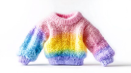 Adorable rainbow-colored hand-knitted baby sweater on white background.