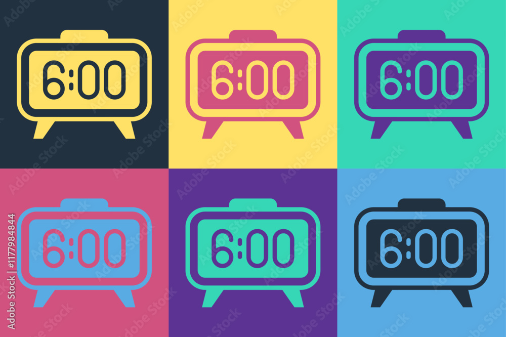 Poster pop art digital alarm clock icon isolated on color background. electronic watch alarm clock. time ic
