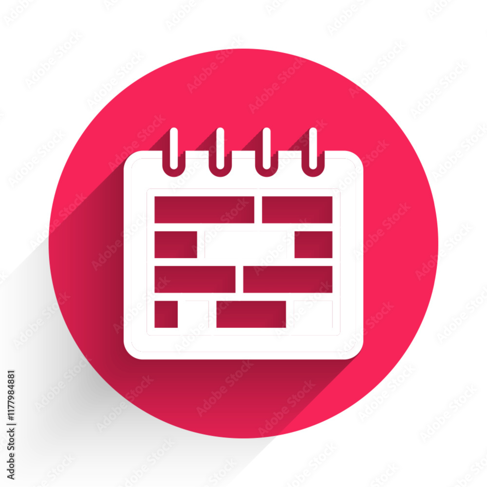 Poster white calendar icon isolated with long shadow. event reminder symbol. red circle button. vector