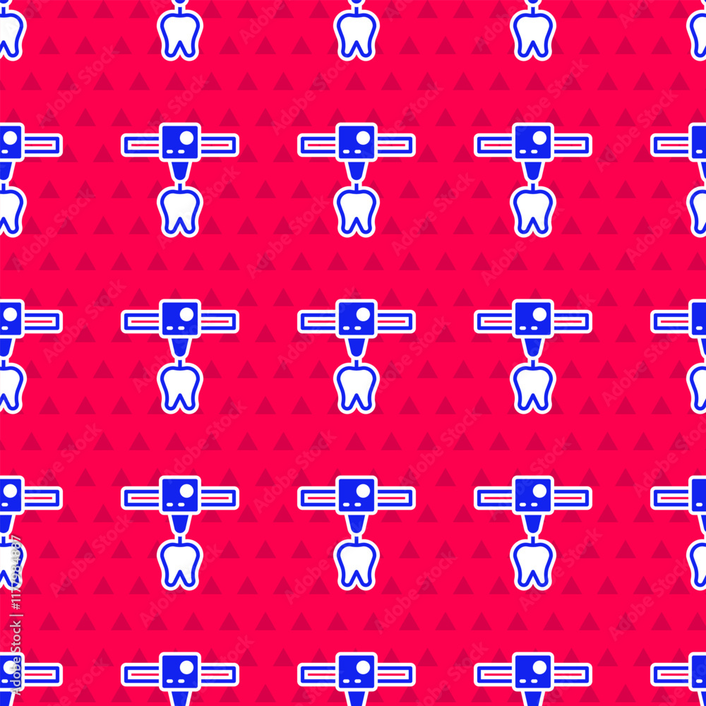 Poster blue 3d printer tooth icon isolated seamless pattern on red background. 3d printing. vector