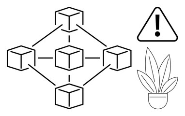Linked cubes representing a blockchain network, accompanied by an exclamation point warning symbol and a potted plant. Ideal for technology, innovation, caution, nature, connection, minimalism