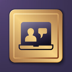 Purple Online education and graduation icon isolated on purple background. Online teacher on monitor. Webinar and video seminar learning. Gold square button. Vector