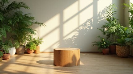 Fototapeta premium Wooden pedestal in a room with green plants and shade.
