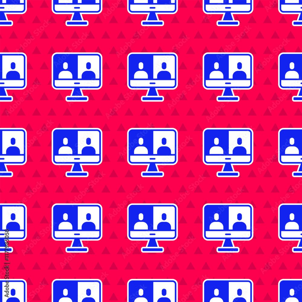 Poster blue video chat conference icon isolated seamless pattern on red background. computer with video cha