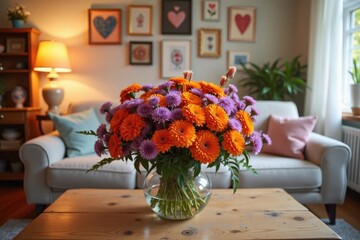 A cozy living room is decorated with a stunning arrangement of bright orange marigolds and purple asters on the coffee table. The colorful display adds warmth and joy to the Valentine's Day atmosphere