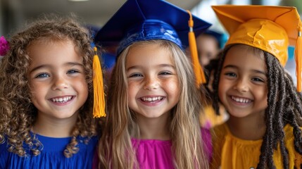 Three cheerful young girls in graduation caps and gowns radiate joy and accomplishment through their bright smiles, showcasing a significant milestone and the excitement of new possibilities ahead.
