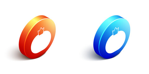 Isometric Tomato icon isolated on white background. Orange and blue circle button. Vector