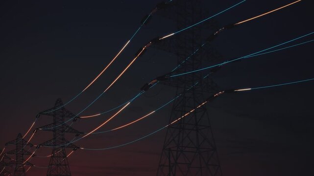 Glowing power lines and transmission towers in the dark. Loopable Ultra HD 4K animation