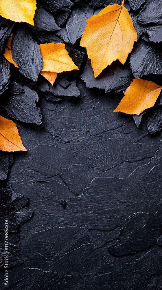 Poster an image of yellow leaves on black background with space for text to its right